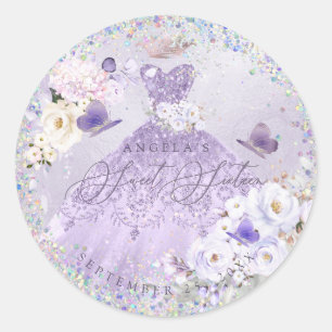Holographic Confetti Sweet Sixteen Purple Gown Classic Round Sticker