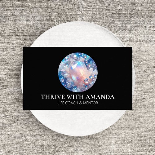 Holographic Crystal Circle Life Coach Black Business Card