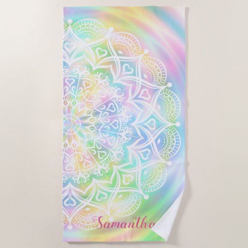 Holographic Custom Name Mandala Pastel Neon Beach Towel