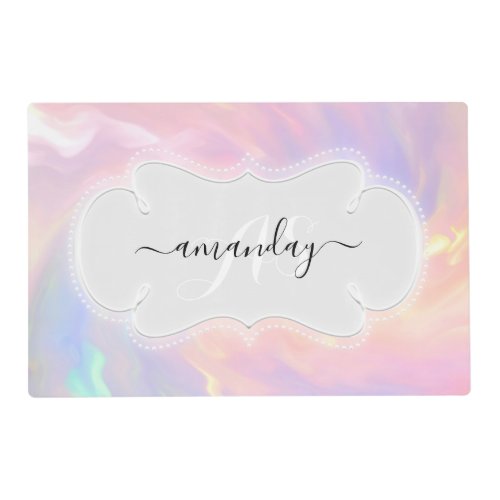 Holographic Custom Name Monogram Pastel Frame Placemat