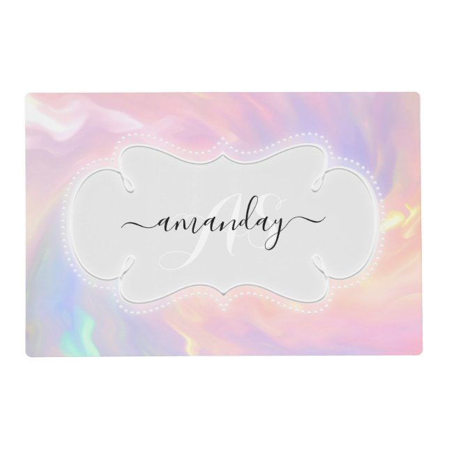 Holographic Custom Name Monogram Pastel Frame Placemat (Front)