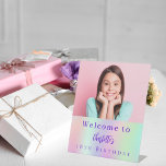 Holographic custom photo 18th birthday welcome pedestal sign<br><div class="desc">A welcome sign for a 18th (or any age) party.  Holographic background in purple,  pink and mint green.  Personalize and add your own high quality photo of the birthday girl. The text: The name in purple with a modern hand lettered style script. Tempates for a name.</div>