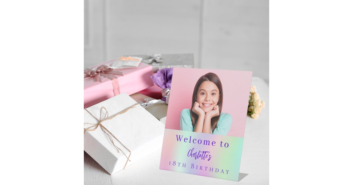 Holographic custom photo 18th birthday welcome pedestal sign | Zazzle