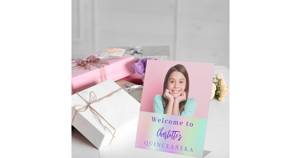 Holographic custom photo Quinceanera party welcome Pedestal Sign | Zazzle
