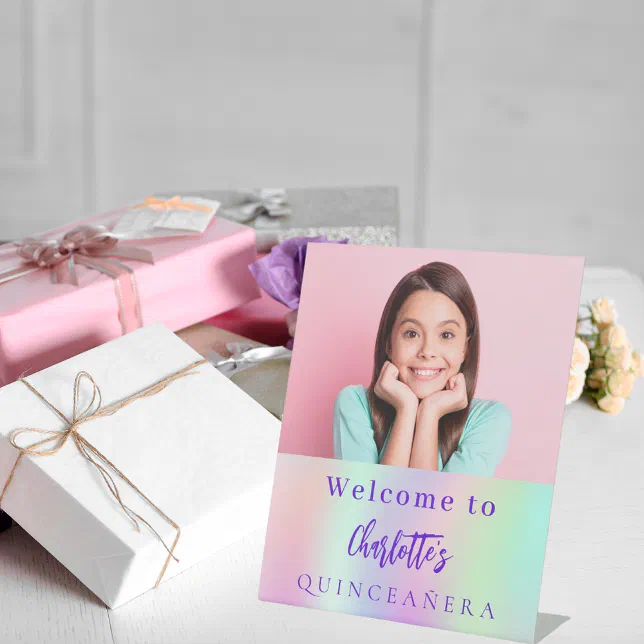 Holographic custom photo Quinceanera party welcome Pedestal Sign | Zazzle