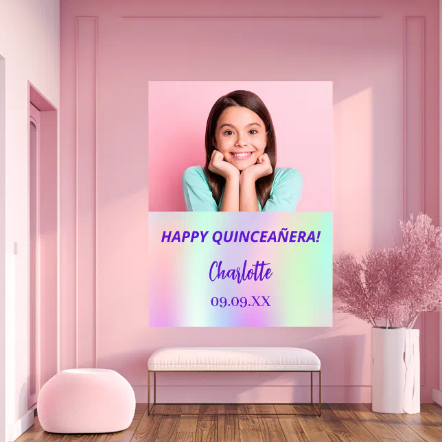 Holographic custom photo Quinceanera party welcome Poster | Zazzle