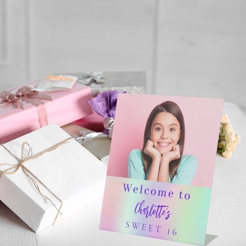 Holographic custom photo Sweet 16 party welcome Pedestal Sign