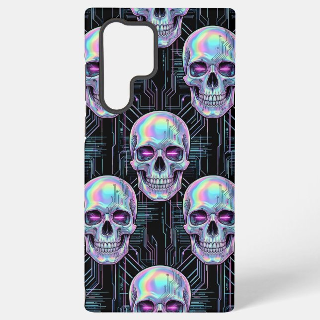Holographic Cyber Skull Circuit Pattern Phone Case (Back)
