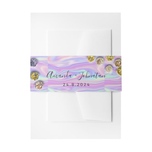 Holographic Delicate Name Date Wedding Abstract Invitation Belly Band