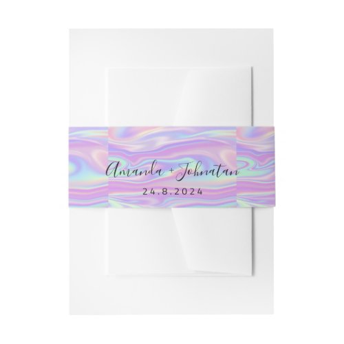 Holographic Delicate Name Date Wedding Minimal Invitation Belly Band