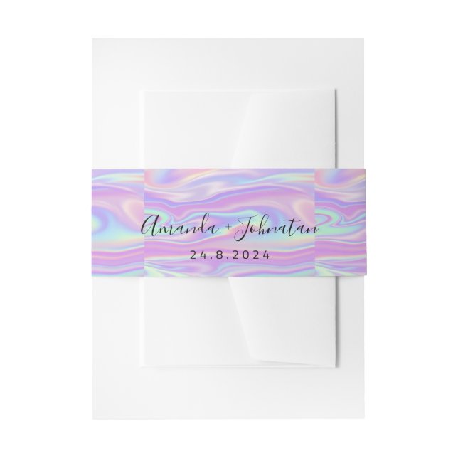Holographic Delicate Name Date Wedding Minimal Invitation Belly Band (Front Example)