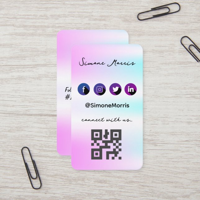 Holographic Design-Social Media QR Code  Business Card (Front/Back In Situ)