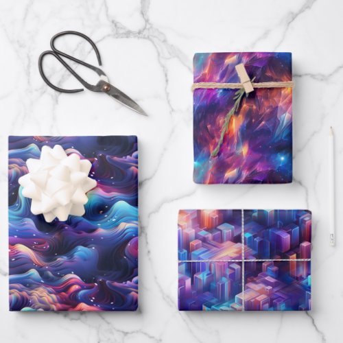 Holographic Dreamscape 3D Iridescent Design Wrapping Paper Sheets