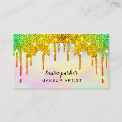 Holographic Dripping Green Makeup Hair Stylist Business Card