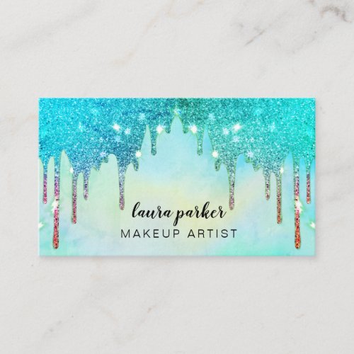 Holographic Dripping Teal Makeup Hair Stylist Business Card