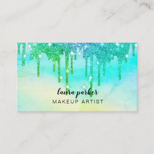 Holographic Dripping Teal Makeup Hair Stylist Business Card