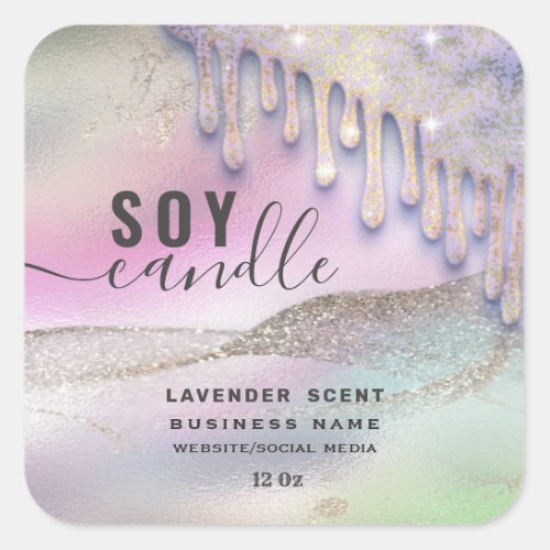 Holographic Drips glittery script soy candle label