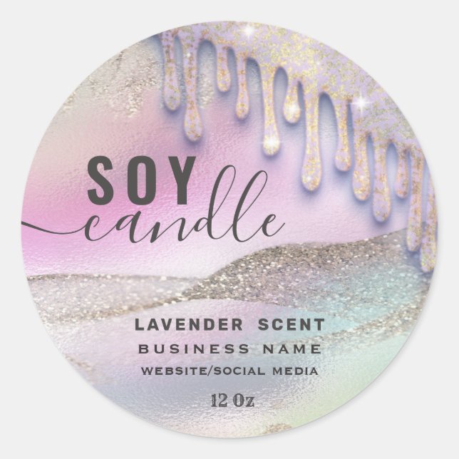 Holographic Drips glittery script soy candle label (Front)