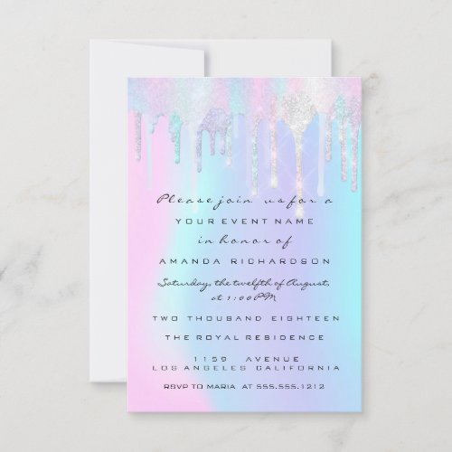 Holographic Drips Pink Unicorn Sweet 16th Mermaid Invitation