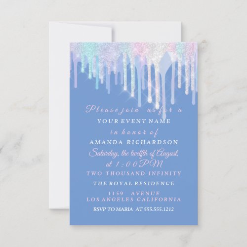 Holographic Drips Unicorn Pink Blue Quinceanera Invitation