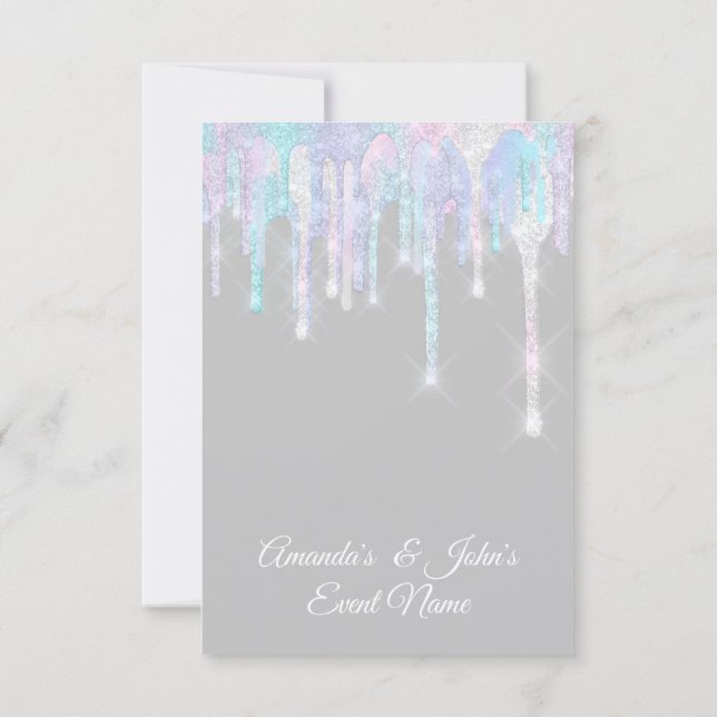 Holographic Drips Unicorn Pink Gray Sweet 16th Invitation (Back)