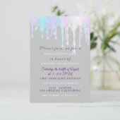Holographic Drips Unicorn Pink Gray Sweet 16th Invitation (Standing Front)