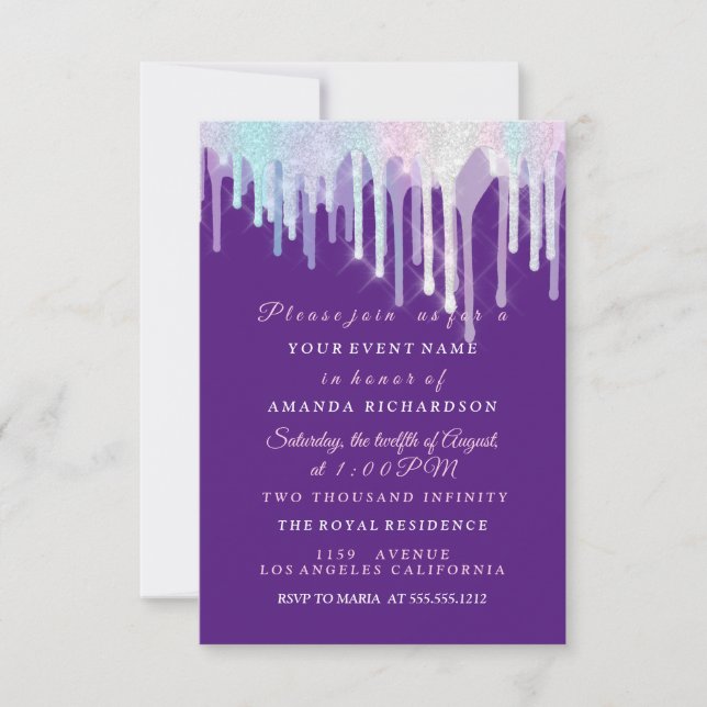 Holographic Drips Unicorn Pink Purple Sweet 16th Invitation (Front)