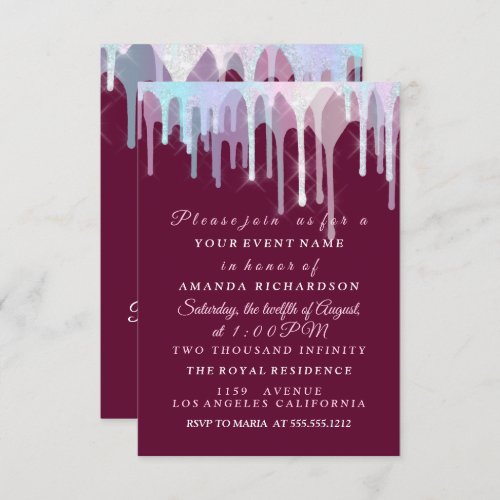 Holographic Drips Unicorn Pink Royal Marsala Invitation