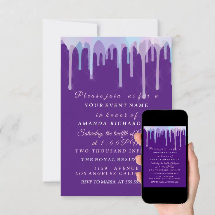 Holographic Drips Wedding Bridal 16th Purple Invitation Zazzle