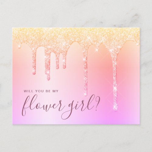 Holographic drips will you be my flower girl invitation postcard