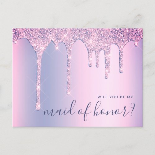Holographic drips will you be my maid of honor invitation postcard