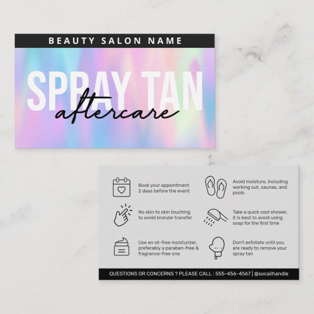 Holographic Editable Sunless Spray Tan Aftercare  Business Card (Front/Back)