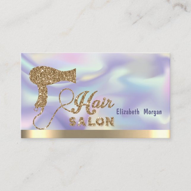 Holographic Elegant Gold Glitter Hairdryer Business Card (Front)