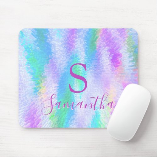 Holographic Elegant Monogrammed Girly Iridescent Mouse Pad