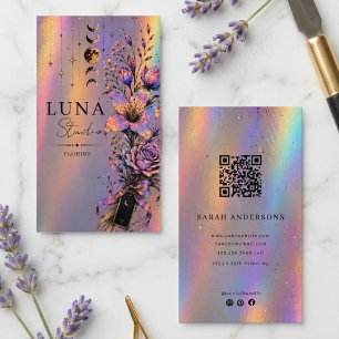 Holographic Florist Luxury Iridescent Floral QR  Business Card