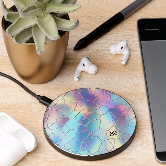 Holographic Foil Background Pattern Monogram Wireless Charger (Desk 2)