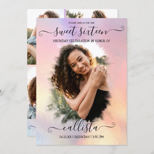 Holographic Foil Halo Photo Collage Sweet 16 Invitation