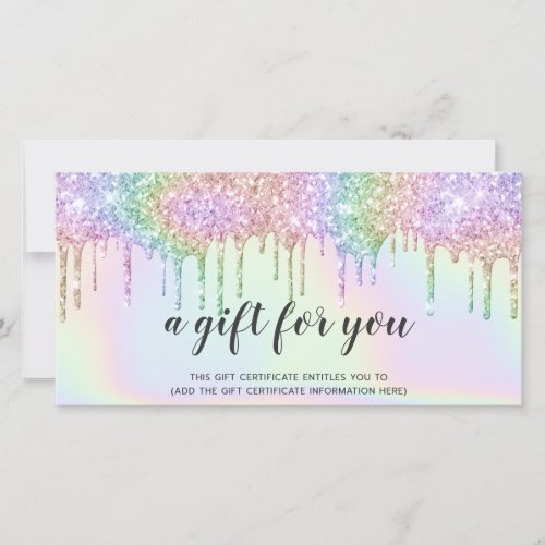 Holographic gift card unicorn glitter drips glam