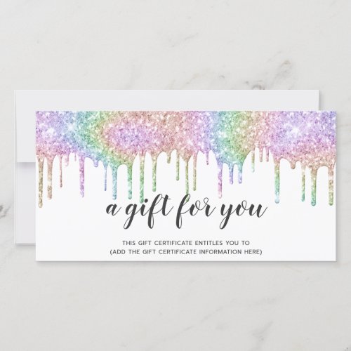 Holographic gift card unicorn glitter drips white
