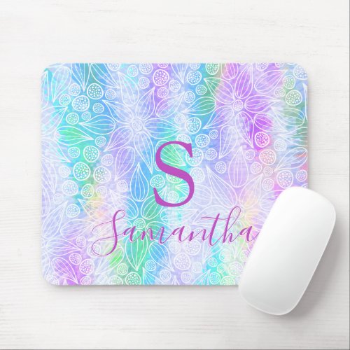 Holographic Girly Monogrammed Iridescent Mouse Pad