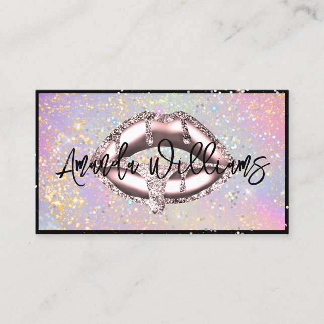 Holographic Glam Glitter Drips Lips Unique Business Card (Front)
