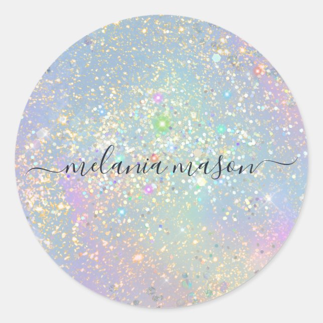 Holographic Glam Glitter Elegant Sparkles Beauty Classic Round Sticker (Front)