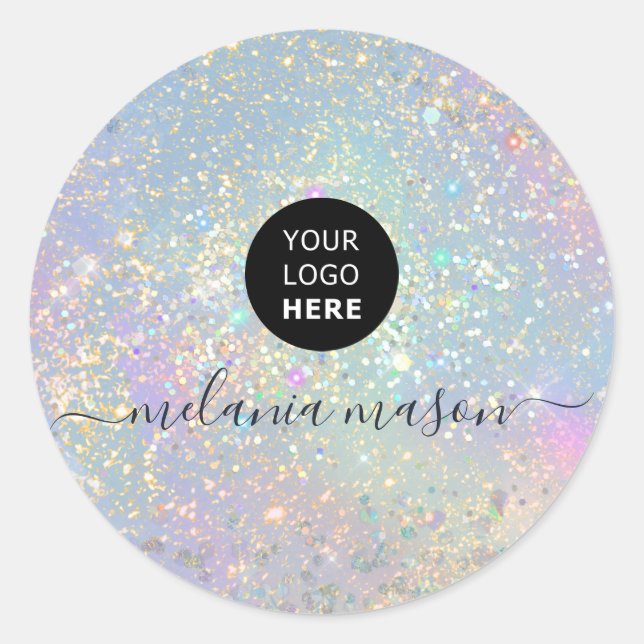 Holographic Glam Glitter Elegant Sparkles Logo Classic Round Sticker (Front)