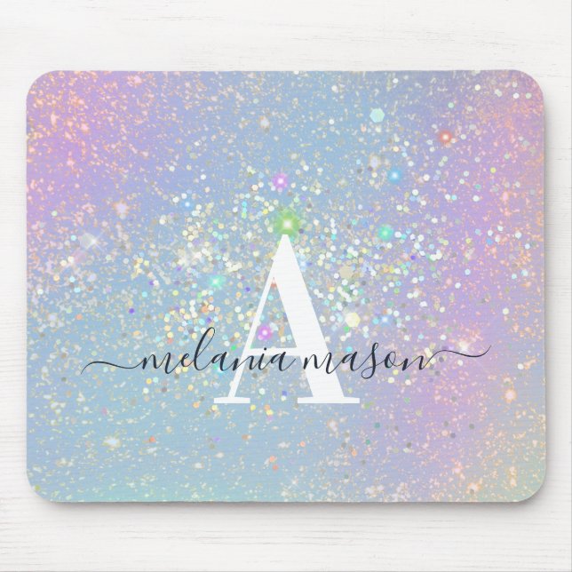 Holographic Glam Glitter Elegant Sparkles Monogram Mouse Pad (Front)