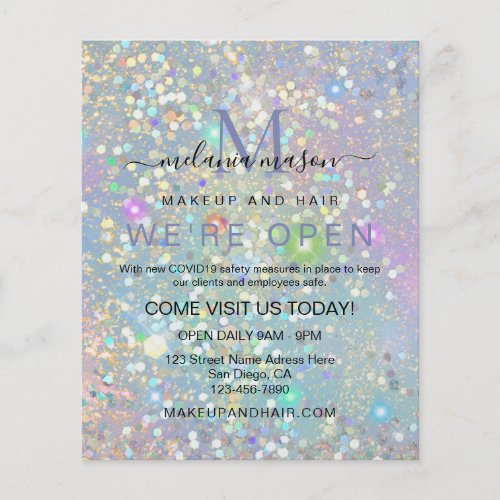 Holographic Glam Glitter Elegant Were Open Salon  Flyer