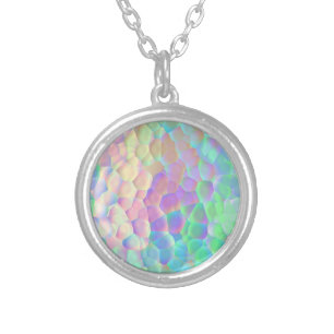 Holographic Glass Pattern, Iridescent Colors Silver Plated Necklace