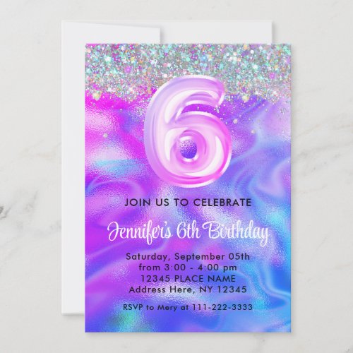 Holographic Glitter 6th Girly Purple Birthday  Invitation