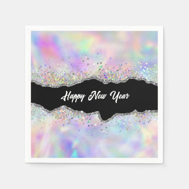 Holographic Glitter Agate Happy New Year Napkins (Front)