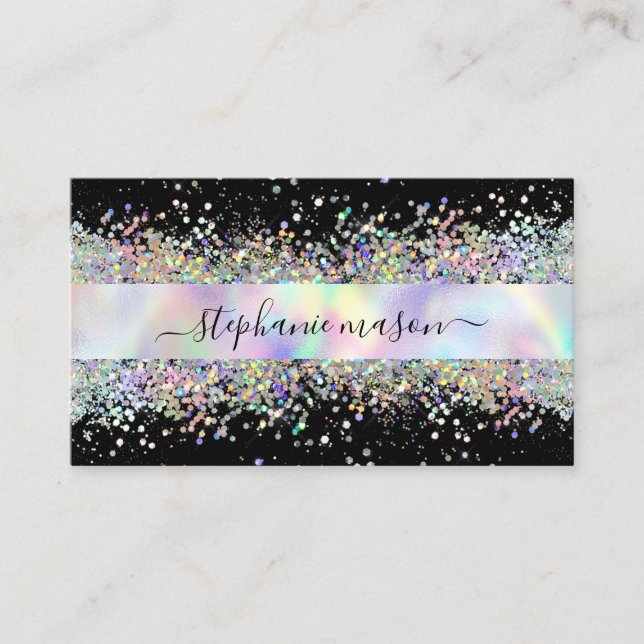 Holographic Glitter Beauty Salon Black Calling Card (Front)
