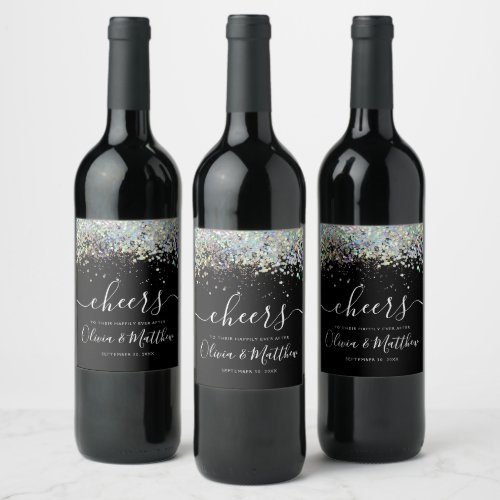 Holographic Glitter Cheers Toast Names Wedding Wine Label